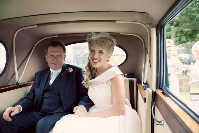 bride and father in car